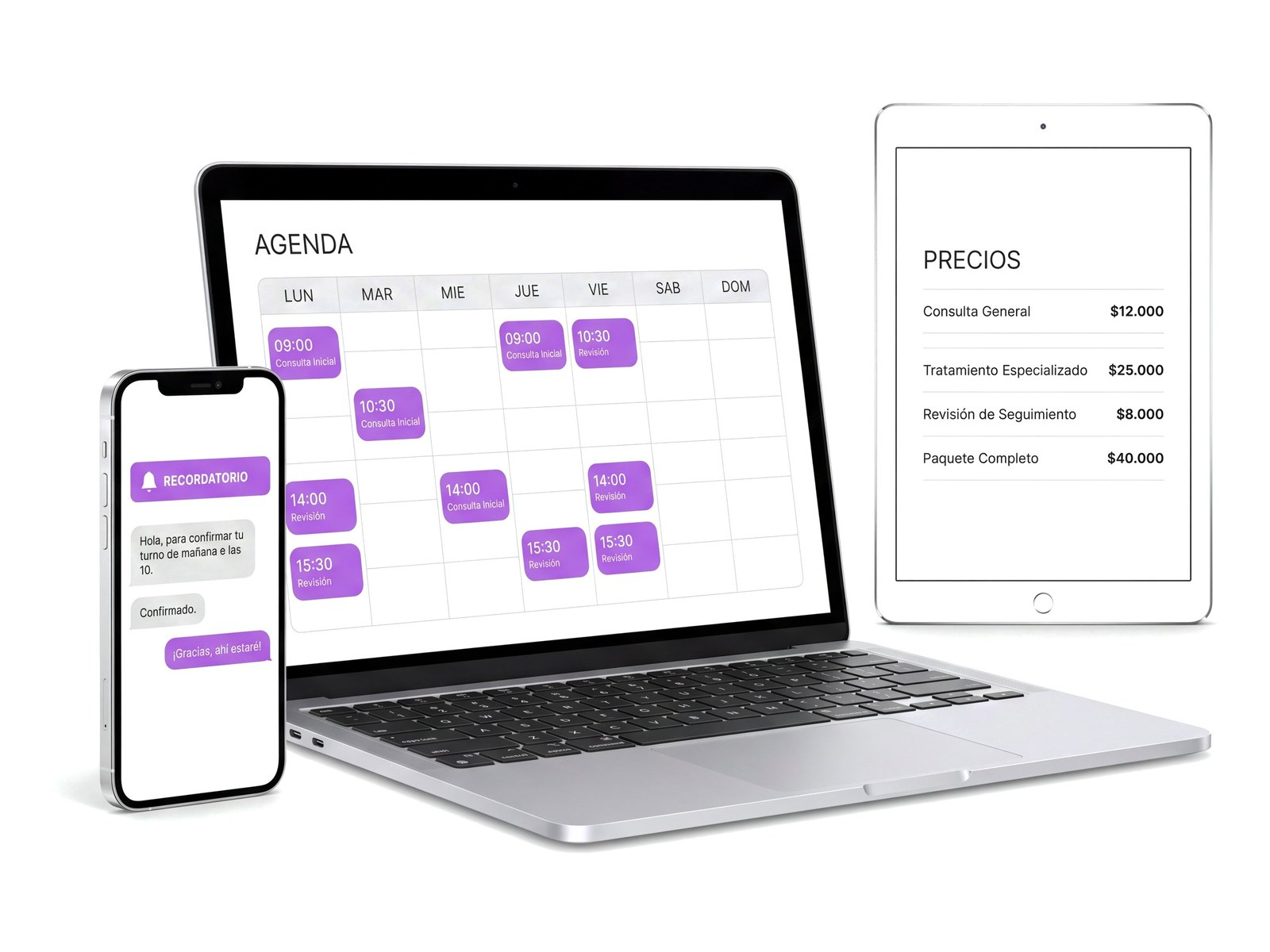 Un teléfono, una notebook y una tablet mostrando el sistema: los mensajes contestados, la agenda de turnos y la lista de precios